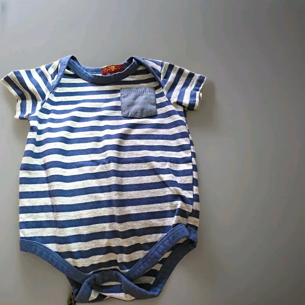7 For All Mankind 12M Blue/Gray Striped Short Sleeve Bodysuit Snap Pocket